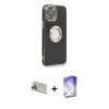 MARSİLYAN™- iPhone 13 Pro Max Kılıf İz Form Serisi - Siyah Bilvis 5in1 3D Magic Cam Ekran Koruyucu + Rose Gold Rainbow Kamera Lens Koruma Cam
