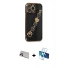 MARSİLYAN™- iPhone 13 Pro Max Kılıf Nova Işık Prime - Siyah 3D Antistatik Cam Ekran Koruyucu + Rainbow Kamera Lens Koruma Cam - MR