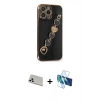 MARSİLYAN™- iPhone 13 Pro Max Kılıf Nova Işık Prime - Siyah 3D Antistatik Cam Ekran Koruyucu + Rainbow Kamera Lens Koruma Cam - BZ