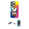 MARSİLYAN™- iPhone 13 Pro Max Kılıf Siluet Çizgi Koleksiyonu - Siyah 18D Cam Ekran Koruyucu + Mavi Renkli Kamera Lens Koruma Cam