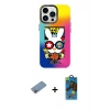 MARSİLYAN™- iPhone 13 Pro Max Kılıf Siluet Çizgi Koleksiyonu - Siyah 18D Cam Ekran Koruyucu + Pembe Shine Kamera Lens Koruma Cam