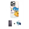 MARSİLYAN™- iPhone 13 Pro Max Kılıf Siluet Çizgi Koleksiyonu - Siyah 3D Antistatik Cam Ekran Koruyucu + Neon Fosforlu Kamera Lens - BZ