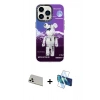 MARSİLYAN™- iPhone 13 Pro Max Kılıf Siluet Çizgi Koleksiyonu - Siyah 3D Antistatik Cam Ekran Koruyucu + Rainbow Kamera Lens Koruma Cam - BZ