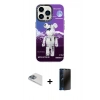 MARSİLYAN™- iPhone 13 Pro Max Kılıf Siluet Çizgi Koleksiyonu - Siyah 3D Antistatik Hayalet Cam Ekran Koruyucu + Pers Alüminyum Kamera Lens - SABE