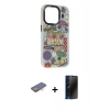 MARSİLYAN™- iPhone 13 Pro Max Kılıf Siluet Çizgi Koleksiyonu - Siyah 3D Antistatik Hayalet Cam Ekran Koruyucu + Renkli Kamera Lens Koruma Cam - TU