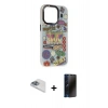 MARSİLYAN™- iPhone 13 Pro Max Kılıf Siluet Çizgi Koleksiyonu - Siyah 3D Antistatik Hayalet Cam Ekran Koruyucu + Pers Alüminyum Kamera Lens - SABE