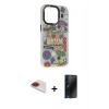 MARSİLYAN™- iPhone 13 Pro Max Kılıf Siluet Çizgi Koleksiyonu - Siyah 3D Antistatik Hayalet Cam Ekran Koruyucu + Kırmızı Pers Alüminyum Kamera Lens