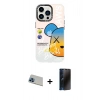 MARSİLYAN™- iPhone 13 Pro Max Kılıf Siluet Çizgi Koleksiyonu - Siyah 3D Antistatik Hayalet Cam Ekran Koruyucu + Rainbow Kamera Lens Koruma Cam - MI
