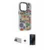 MARSİLYAN™- iPhone 13 Pro Max Kılıf Siluet Çizgi Koleksiyonu - Siyah 3D Antistatik Hayalet Cam Ekran Koruyucu + Rainbow Kamera Lens Koruma Cam - MI
