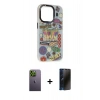 MARSİLYAN™- iPhone 13 Pro Max Kılıf Siluet Çizgi Koleksiyonu - Siyah 3D Antistatik Hayalet Cam Ekran Koruyucu + Neon Fosforlu Kamera Lens - YL