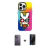 MARSİLYAN™- iPhone 13 Pro Max Kılıf Siluet Çizgi Koleksiyonu - Siyah 3D Antistatik Hayalet Cam Ekran Koruyucu + Neon Fosforlu Kamera Lens - BZ