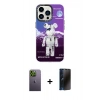 MARSİLYAN™- iPhone 13 Pro Max Kılıf Siluet Çizgi Koleksiyonu - Siyah 3D Antistatik Hayalet Cam Ekran Koruyucu + Neon Fosforlu Kamera Lens - YL