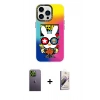 MARSİLYAN™- iPhone 13 Pro Max Kılıf Siluet Çizgi Koleksiyonu - Siyah Bilvis 3D Mat Cam Ekran Koruyucu + Neon Fosforlu Kamera Lens - YL