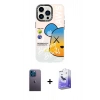MARSİLYAN™- iPhone 13 Pro Max Kılıf Siluet Çizgi Koleksiyonu - Siyah Bilvis 5in1 5D Magic Hayalet Cam Ekran Koruyucu + Mavi Neon Fosforlu Kamera Lens