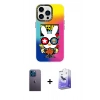 MARSİLYAN™- iPhone 13 Pro Max Kılıf Siluet Çizgi Koleksiyonu - Siyah Bilvis 5in1 5D Magic Hayalet Cam Ekran Koruyucu + Mavi Neon Fosforlu Kamera Lens