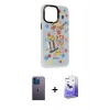 MARSİLYAN™- iPhone 13 Pro Max Kılıf Siluet Çizgi Koleksiyonu - Siyah Bilvis 5in1 5D Magic Hayalet Cam Ekran Koruyucu + Mavi Neon Fosforlu Kamera Lens