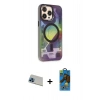 MARSİLYAN™- iPhone 13 Pro Max Kılıf Siluet Modern Koleksiyonu - Siyah 18D Cam Ekran Koruyucu + Mavi Rainbow Kamera Lens Koruma Cam