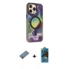 MARSİLYAN™- iPhone 13 Pro Max Kılıf Siluet Modern Koleksiyonu - Siyah 18D Cam Ekran Koruyucu + Mor Metal Kamera Lens Koruma Cam