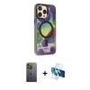 MARSİLYAN™- iPhone 13 Pro Max Kılıf Siluet Modern Koleksiyonu - Siyah 3D Antistatik Cam Ekran Koruyucu + Neon Fosforlu Kamera Lens - YL