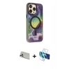 MARSİLYAN™- iPhone 13 Pro Max Kılıf Siluet Modern Koleksiyonu - Siyah 3D Antistatik Cam Ekran Koruyucu + Rainbow Kamera Lens Koruma Cam - BZ