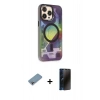 MARSİLYAN™- iPhone 13 Pro Max Kılıf Siluet Modern Koleksiyonu - Siyah 3D Antistatik Hayalet Cam Ekran Koruyucu + Gökkuşağı Shine Kamera Lens Koruma Cam
