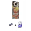 MARSİLYAN™- iPhone 13 Pro Max Kılıf Siluet Modern Koleksiyonu - Siyah Bilvis 5in1 5D Magic Hayalet Cam Ekran Koruyucu + Turuncu Renkli Kamera Lens Koruma Cam