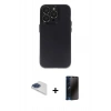 MARSİLYAN™- iPhone 13 Pro Max Kılıf Ufuk Minimal Özel Seri - Siyah 3D Antistatik Hayalet Cam Ekran Koruyucu + Pers Alüminyum Kamera Lens - LT