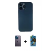 MARSİLYAN™- iPhone 13 Pro Max Kılıf Yadigar Yansıma Serisi - Siyah 18D Cam Ekran Koruyucu + Mavi Neon Fosforlu Kamera Lens