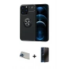 MARSİLYAN™- iPhone 13 Pro Max Kılıf Yankı Form Prime - Siyah 3D Antistatik Hayalet Cam Ekran Koruyucu + Mavi Rainbow Kamera Lens Koruma Cam
