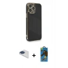 MARSİLYAN™- iPhone 13 Pro Max Kılıf Yankı Serisi - Siyah 18D Cam Ekran Koruyucu + Lacivert Pers Alüminyum Kamera Lens