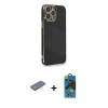 MARSİLYAN™- iPhone 13 Pro Max Kılıf Yankı Serisi - Siyah 18D Cam Ekran Koruyucu + Renkli Kamera Lens Koruma Cam - PE
