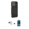 MARSİLYAN™- iPhone 13 Pro Max Kılıf Yankı Serisi - Siyah 18D Cam Ekran Koruyucu + Pers Alüminyum Kamera Lens - SABE