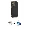 MARSİLYAN™- iPhone 13 Pro Max Kılıf Yankı Serisi - Siyah 3D Antistatik Cam Ekran Koruyucu + Pers Alüminyum Kamera Lens - GD