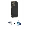 MARSİLYAN™- iPhone 13 Pro Max Kılıf Yankı Serisi - Siyah 3D Antistatik Cam Ekran Koruyucu + Pers Alüminyum Kamera Lens - LT