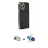 MARSİLYAN™- iPhone 13 Pro Max Kılıf Yankı Serisi - Siyah 3D Antistatik Cam Ekran Koruyucu + Rainbow Kamera Lens Koruma Cam - BZ