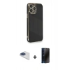 MARSİLYAN™- iPhone 13 Pro Max Kılıf Yankı Serisi - Siyah 3D Antistatik Hayalet Cam Ekran Koruyucu + Pers Alüminyum Kamera Lens - LT