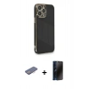 MARSİLYAN™- iPhone 13 Pro Max Kılıf Yankı Serisi - Siyah 3D Antistatik Hayalet Cam Ekran Koruyucu + Pembe Renkli Kamera Lens Koruma Cam