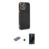 MARSİLYAN™- iPhone 13 Pro Max Kılıf Yankı Serisi - Siyah 3D Antistatik Hayalet Cam Ekran Koruyucu + Renkli Kamera Lens Koruma Cam - SI