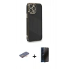 MARSİLYAN™- iPhone 13 Pro Max Kılıf Yankı Serisi - Siyah 3D Antistatik Hayalet Cam Ekran Koruyucu + Renkli Kamera Lens Koruma Cam - TU