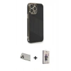 MARSİLYAN™- iPhone 13 Pro Max Kılıf Yankı Serisi - Siyah Bilvis 3D Cam Ekran Koruyucu + Beyaz Rainbow Kamera Lens Koruma Cam