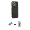 MARSİLYAN™- iPhone 13 Pro Max Kılıf Yankı Serisi - Siyah Bilvis 3D Cam Ekran Koruyucu + Shine Kamera Lens Koruma Cam - PE