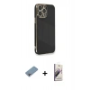 MARSİLYAN™- iPhone 13 Pro Max Kılıf Yankı Serisi - Siyah Bilvis 3D Mat Cam Ekran Koruyucu + Shine Kamera Lens Koruma Cam - GI