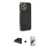 MARSİLYAN™- iPhone 13 Pro Max Kılıf Yankı Serisi - Siyah Bilvis 3D Mat Cam Ekran Koruyucu + Gold Raze Metal Kamera Lens
