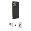 MARSİLYAN™- iPhone 13 Pro Max Kılıf Yankı Serisi - Siyah Bilvis 3D Mat Cam Ekran Koruyucu + Pers Alüminyum Kamera Lens - LT
