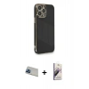 MARSİLYAN™- iPhone 13 Pro Max Kılıf Yankı Serisi - Siyah Bilvis 3D Mat Cam Ekran Koruyucu + Rainbow Kamera Lens Koruma Cam - MI