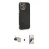 MARSİLYAN™- iPhone 13 Pro Max Kılıf Yankı Serisi - Siyah Bilvis 3D Mat Cam Ekran Koruyucu + Rainbow Kamera Lens Koruma Cam - KI
