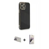 MARSİLYAN™- iPhone 13 Pro Max Kılıf Yankı Serisi - Siyah Bilvis 3D Mat Cam Ekran Koruyucu + Rainbow Kamera Lens Koruma Cam - MR