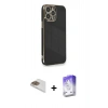 MARSİLYAN™- iPhone 13 Pro Max Kılıf Yankı Serisi - Siyah Bilvis 5in1 3D Magic Cam Ekran Koruyucu + Gold Pers Alüminyum Kamera Lens