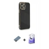 MARSİLYAN™- iPhone 13 Pro Max Kılıf Yankı Serisi - Siyah Bilvis 5in1 5D Magic Hayalet Cam Ekran Koruyucu + Mor Metal Kamera Lens Koruma Cam