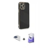 MARSİLYAN™- iPhone 13 Pro Max Kılıf Yankı Serisi - Siyah Bilvis 5in1 5D Magic Hayalet Cam Ekran Koruyucu + Lacivert Pers Alüminyum Kamera Lens